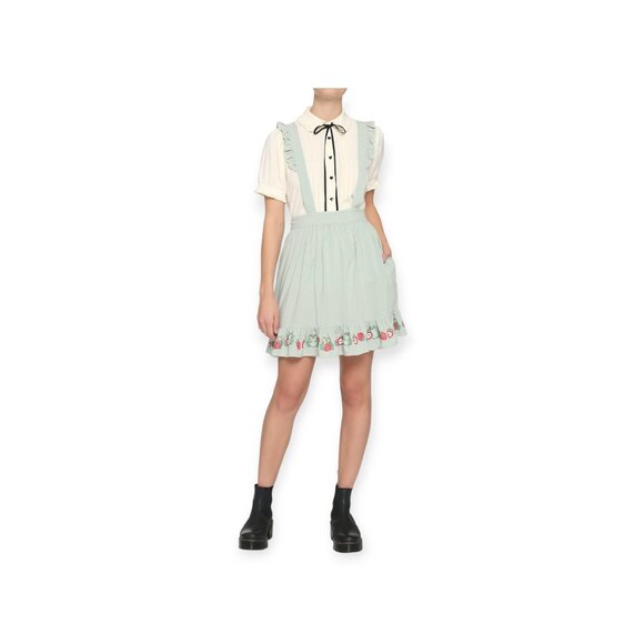 Hot Topic Ruffle Suspender Skirt Frogs Strawberries Cottagecore Kawaii Teal M - Picture 2 of 9